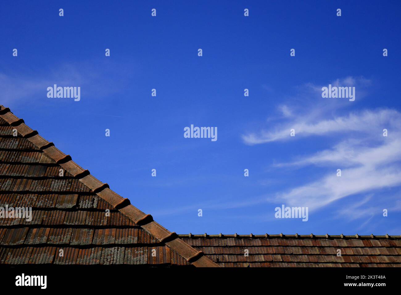 Tiles on the roof of a traditional old peasant house, paraszthaz, in a village, Hungary Stock Photo
