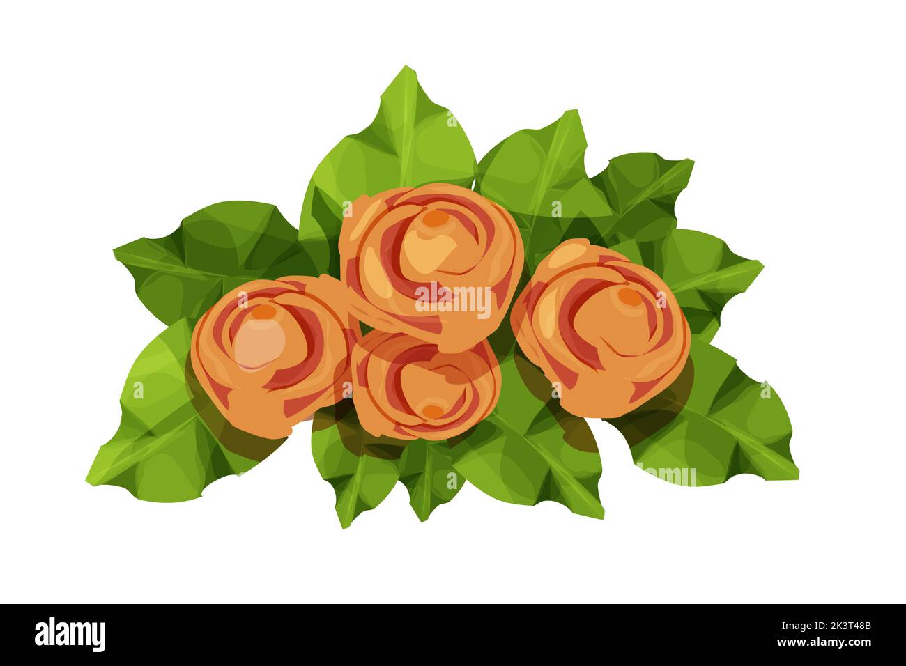 Bouquet of flowers with leaves, garland composition in cartoon style, elegant peony or roses isolated on white background. Vector illustration Stock Vector