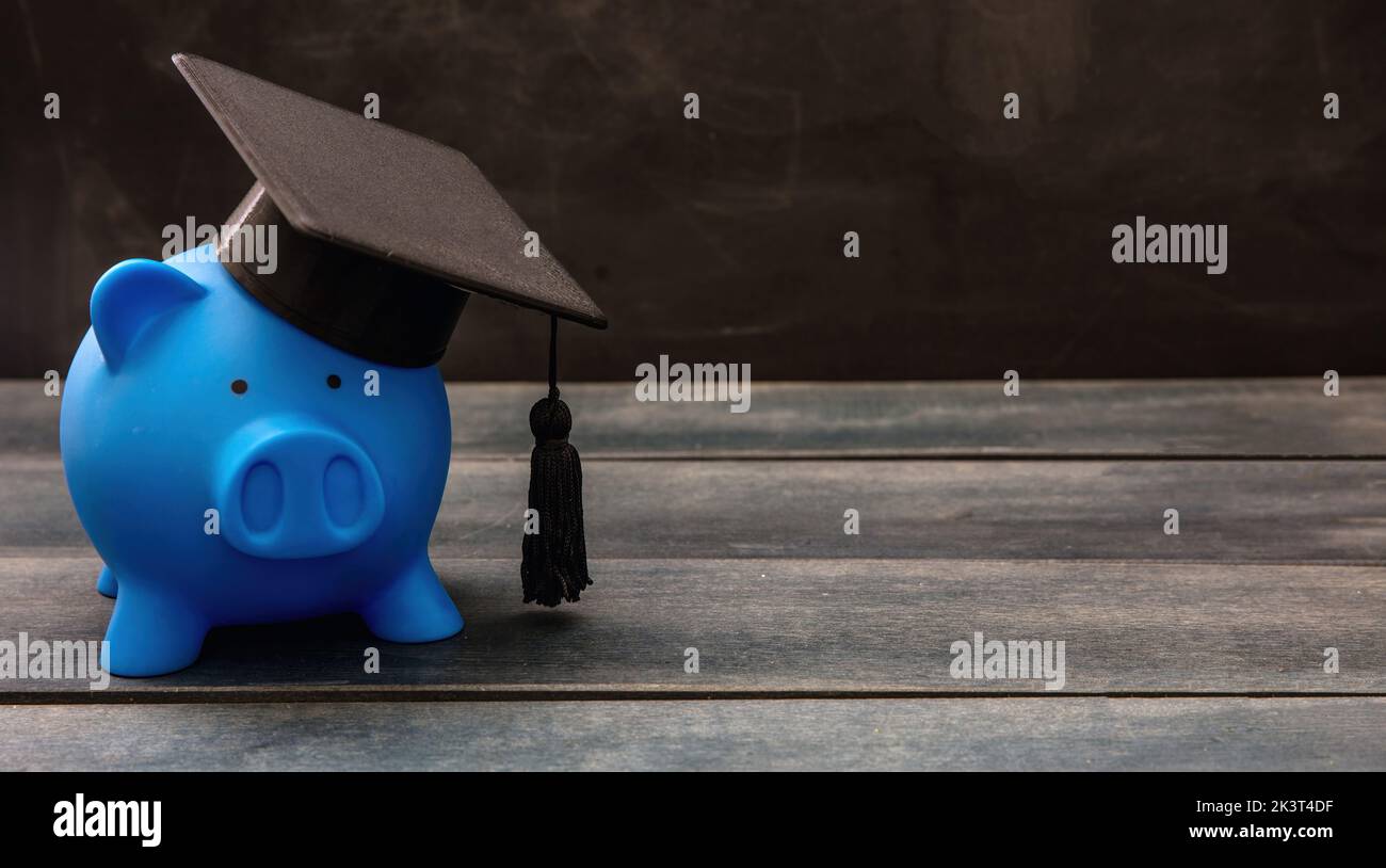 Education financial plan, scholarship, student loan and school cost. Blue piggybank with graduation cap on wood. Stock Photo