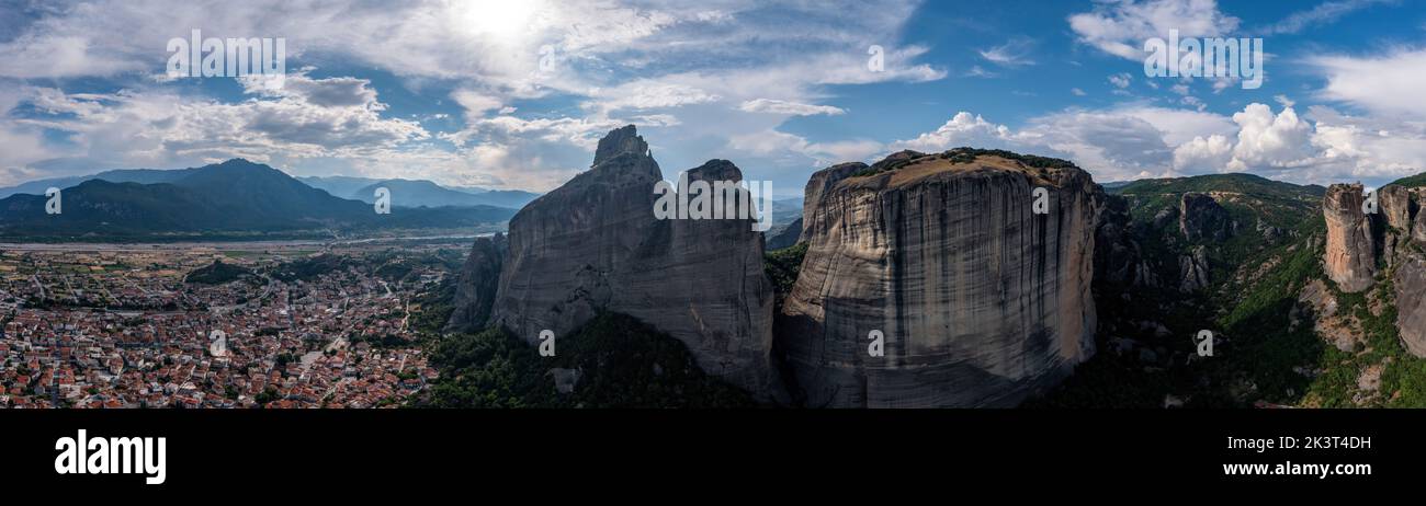 Greece Meteora landscape panoramic aerial view. Kalabaka village and famous rock formations. Europe travel destination Stock Photo