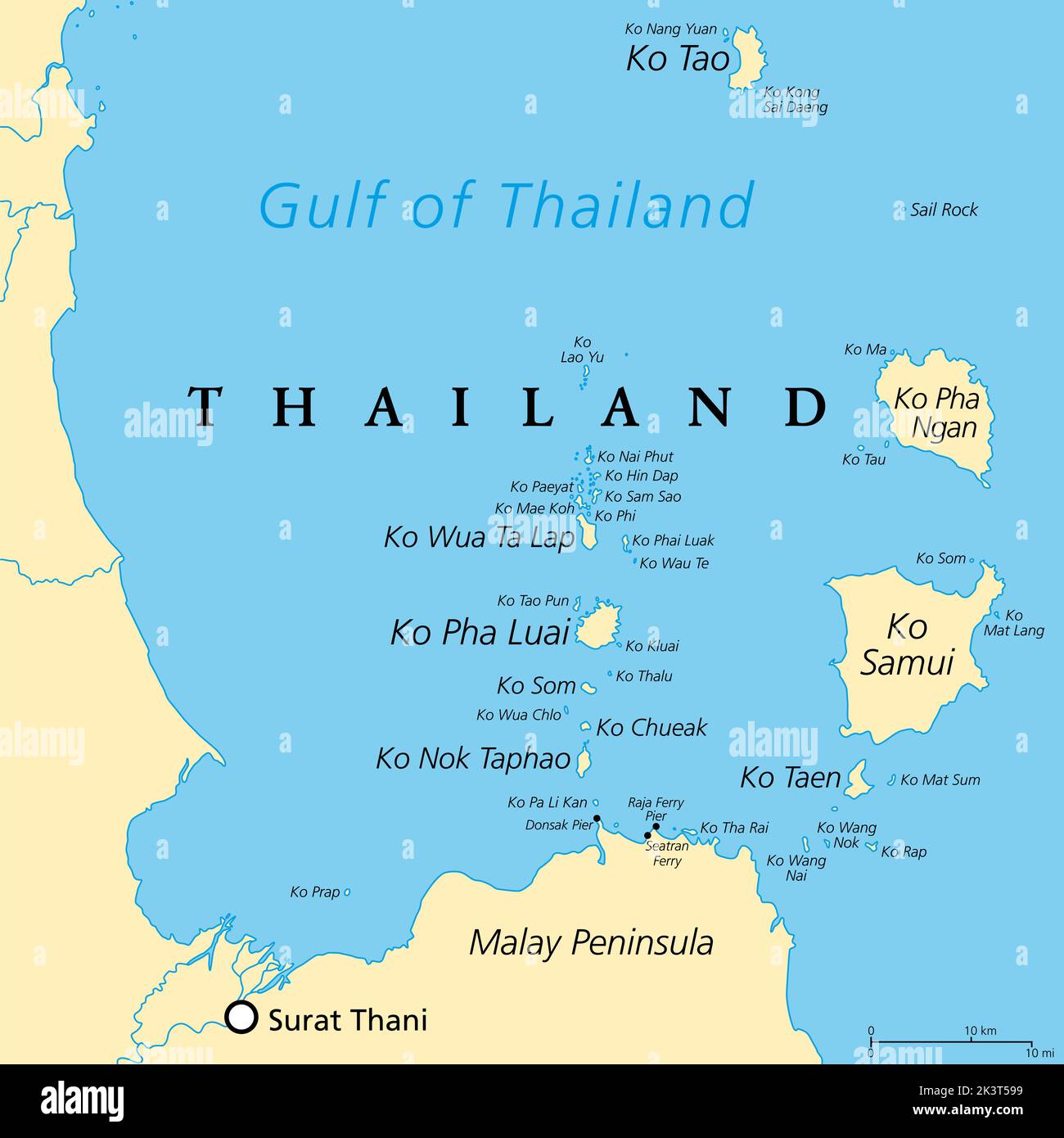 From Ko Samui to Ko Tao, political map. Popular tourist and travel destinations with numerous islands off the coast of Thailand. Stock Photo