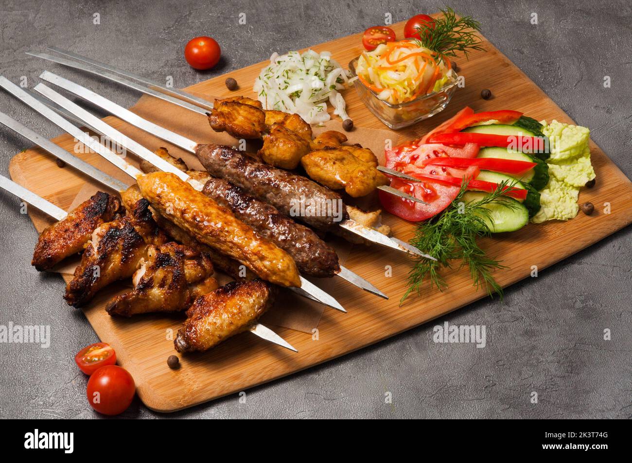 assorted tasty grilled meat lula kebab, shish kebab, chicken wings