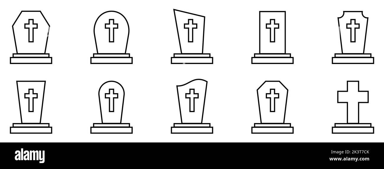 Cemetery gravestones. Set of linear icons of different tombstone. Vector illustration. Stock Vector