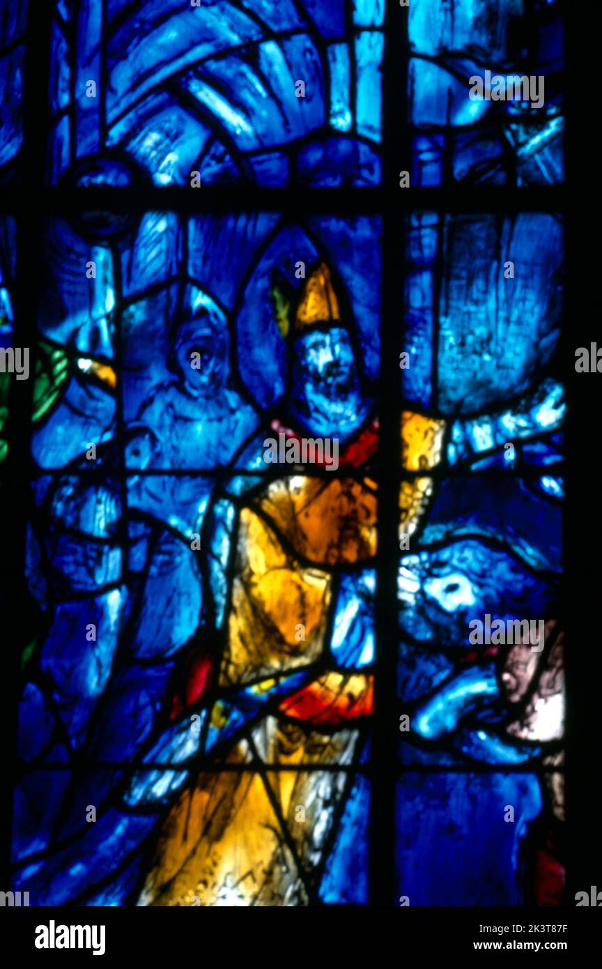 Reims Cathedral France Marc Chagall Baptism Of Clovis By St Reim Stained Glass Window Stock Photo