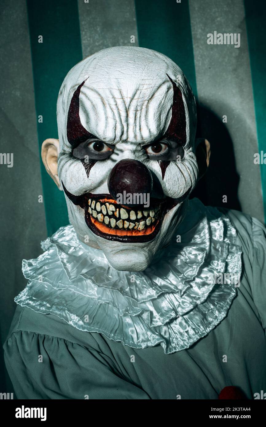 closeup of a creepy bald evil clown, wearing a gray costume with a white ruff, stares at the observer with a frightening smile, in front of a dirty an Stock Photo