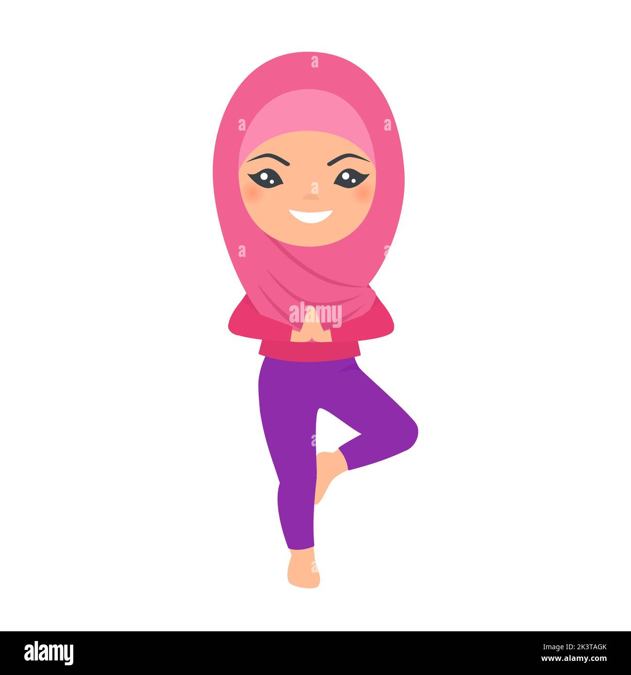 Cute muslim chibi girl doing yoga. Happy childhood concept. Cartoon flat style Stock Photo