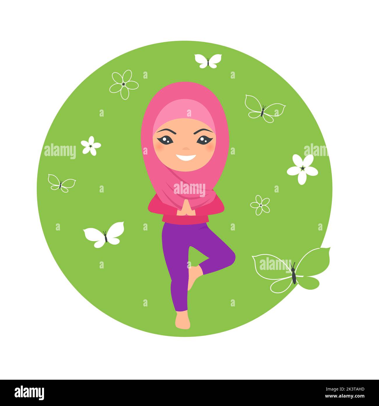 Cute muslim chibi girl doing yoga. Happy childhood concept. Cartoon flat style Stock Photo