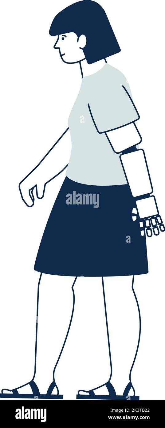 Artificial hand person. Woman with prosthetic limb walking Stock Vector