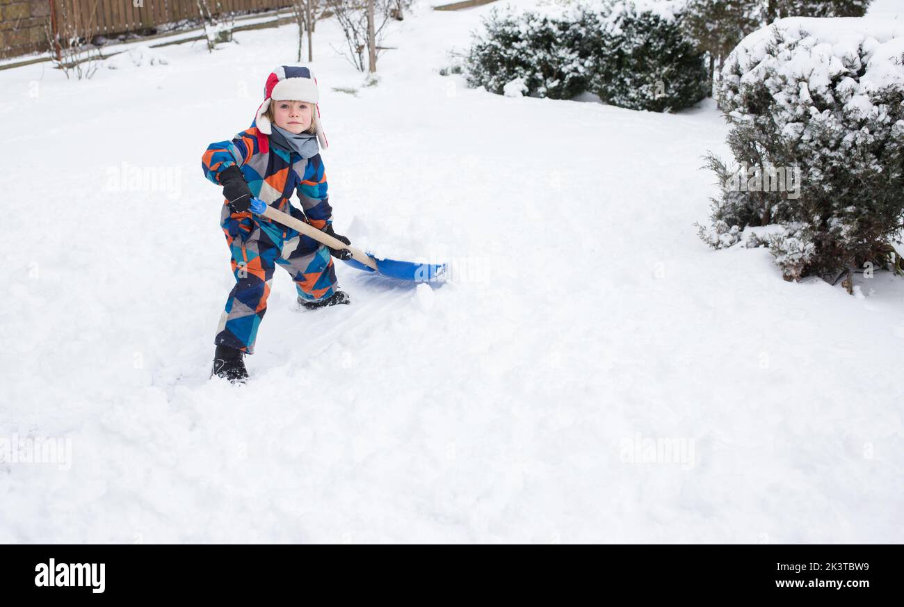 5-6 year old boy in bright warm overalls, helps to clear the yard with snow after a snowstorm, throwing snow away with a big shovel. Winter season, ba Stock Photo