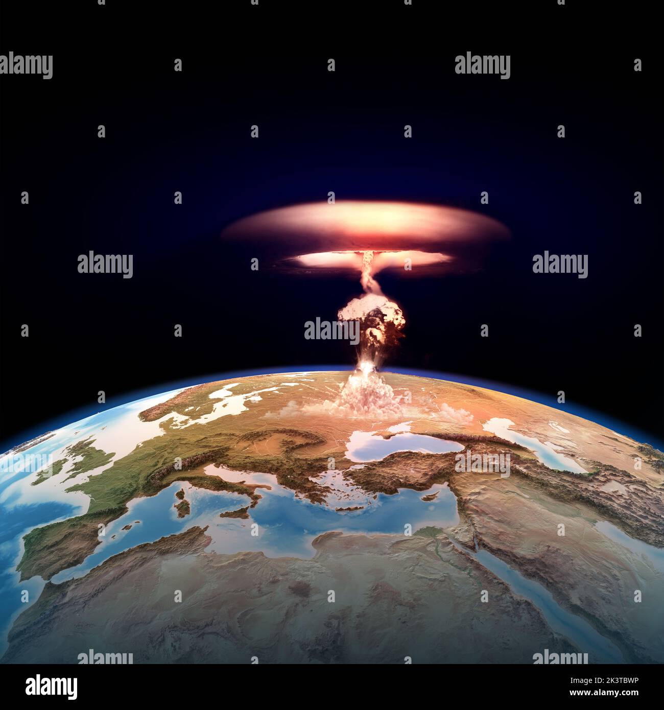 Atomic bomb explosion on Europe. Nuclear war starting with a mushroom cloud, dangers of nuclear energy for planet Earth - elements furnished by NASA Stock Photo
