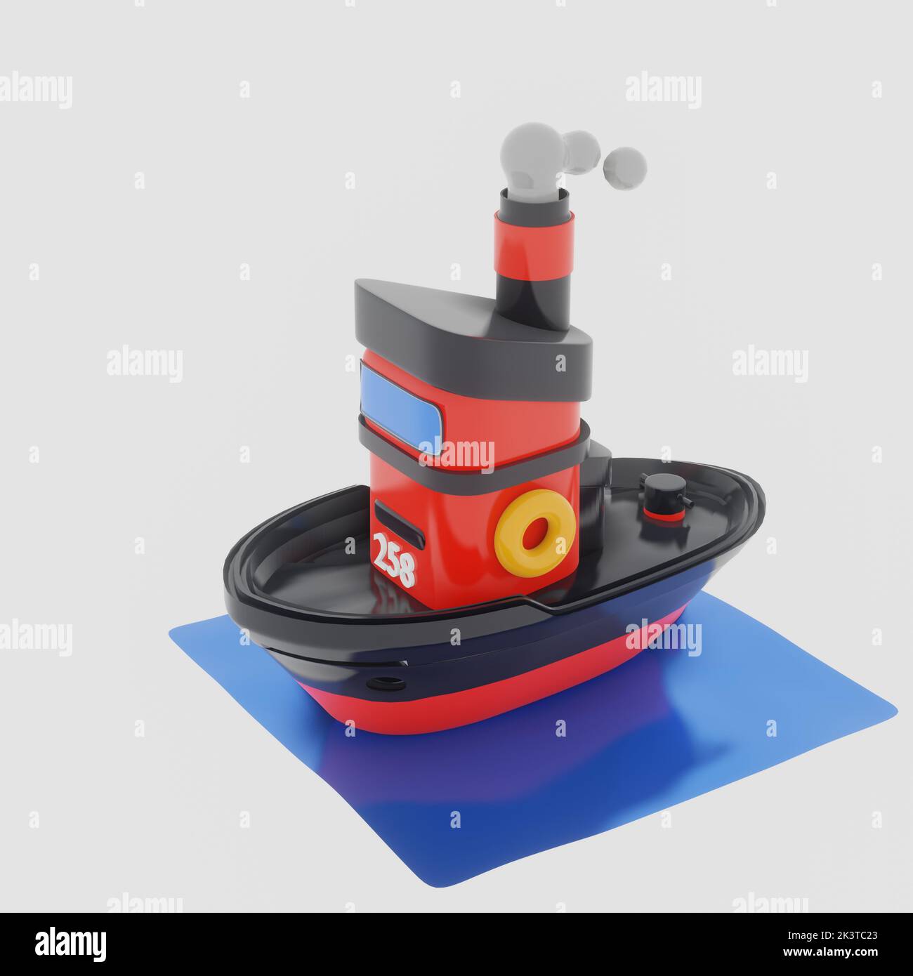 Cartoon boat toy top view 3D render image,  toy boat isolated on white background. Stock Photo
