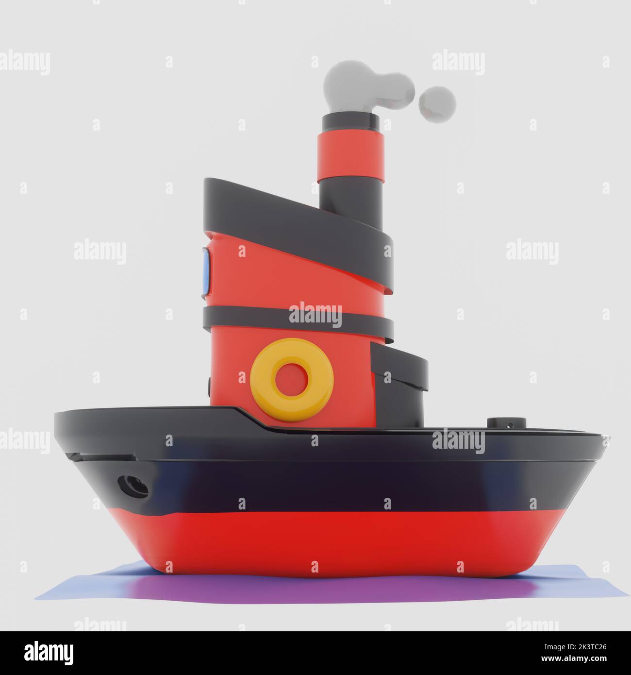 Cartoon boat toy side view 3D render image,  toy boat isolated on white background. Stock Photo