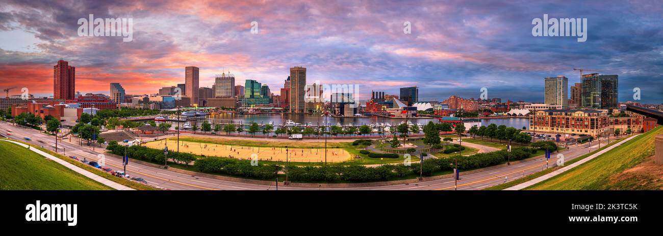 Baltimore, Maryland, USA Skyline on the Inner Harbor at dusk. Stock Photo