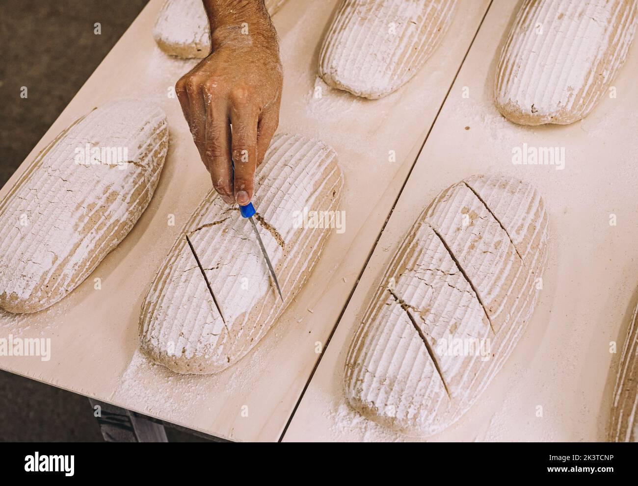 From above of faceless male baker making scores with knife on raw