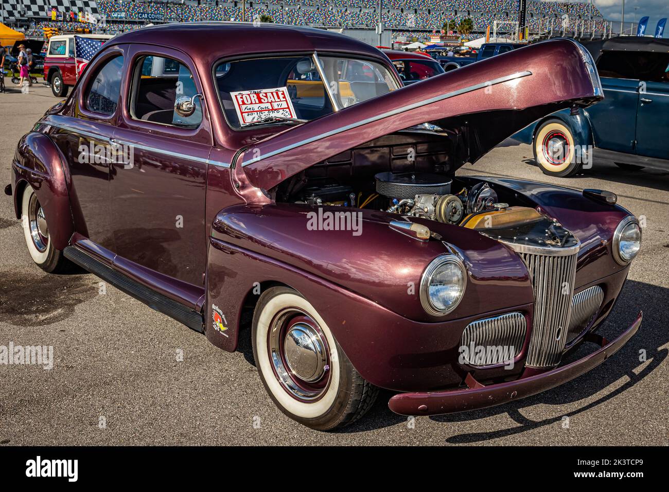 Daytona Beach, FL - November 28, 2020: High perspective front corner view of a 1941 Ford Deluxe Business Coupe at a local car show. Stock Photo
