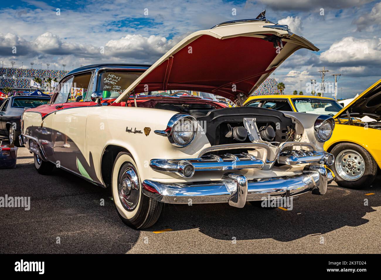 Daytona Beach, FL - November 28, 2020: Low perspective front corner view of a 1955 Dodge Custom Royal Lancer Hardtop Coupe at a local car show. Stock Photo
