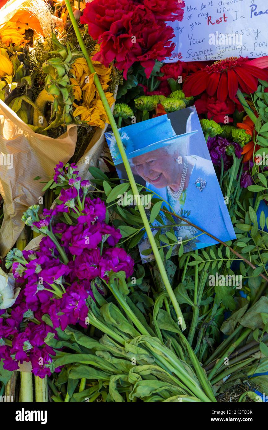 Poignant messages and floral tributes to the late Queen Elizabeth II at Green Park, London UK in September - flowers are wilting but memories linger Stock Photo