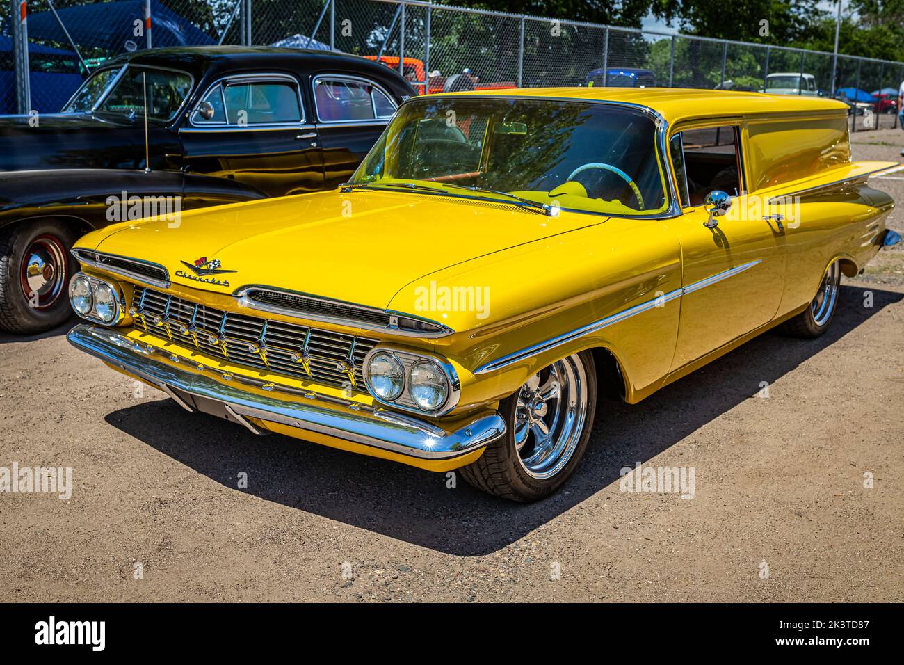 Falcon Heights, MN - June 18, 2022: High perspective front corner view of a 1959 Chevrolet Biscayne Sedan Delivery at a local car show. Stock Photo