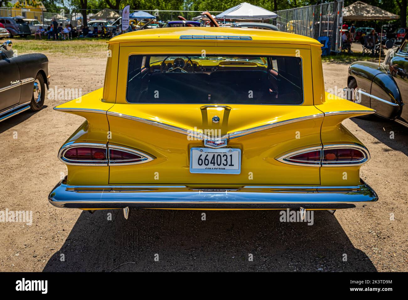 Falcon Heights, MN - June 18, 2022: High perspective rear view of a 1959 Chevrolet Biscayne Sedan Delivery at a local car show. Stock Photo