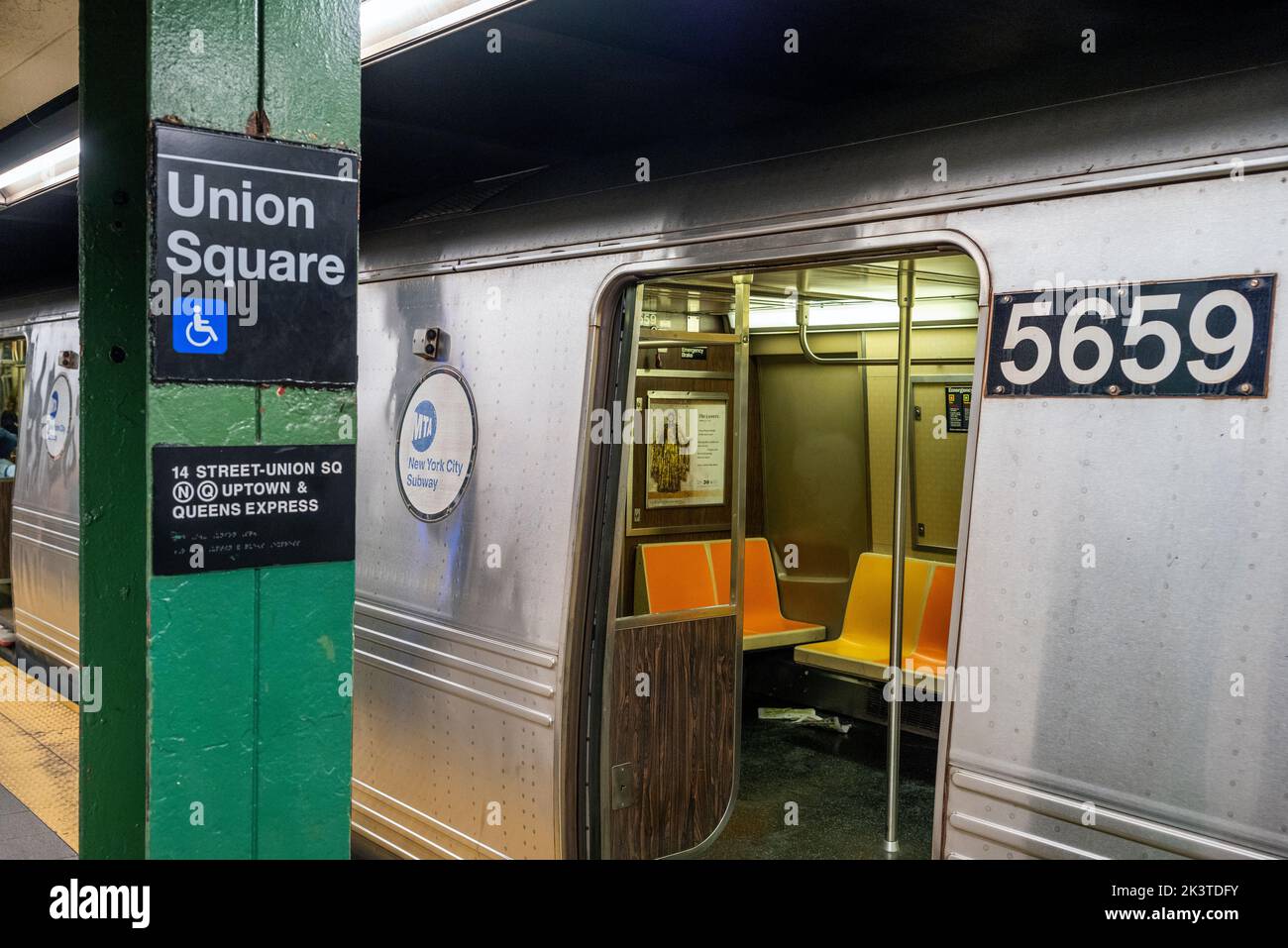 Subway train at Union Square station, Manhattan, New York, USA Stock Photo