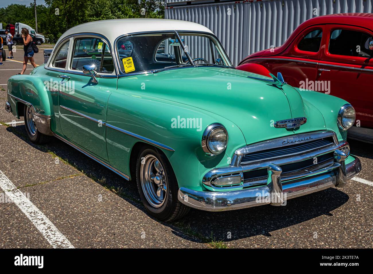 Falcon Heights, MN - June 18, 2022: High perspective front corner view of a 1952 Chevrolet Styleline Deluxe 2 Door Sedan at a local car show. Stock Photo