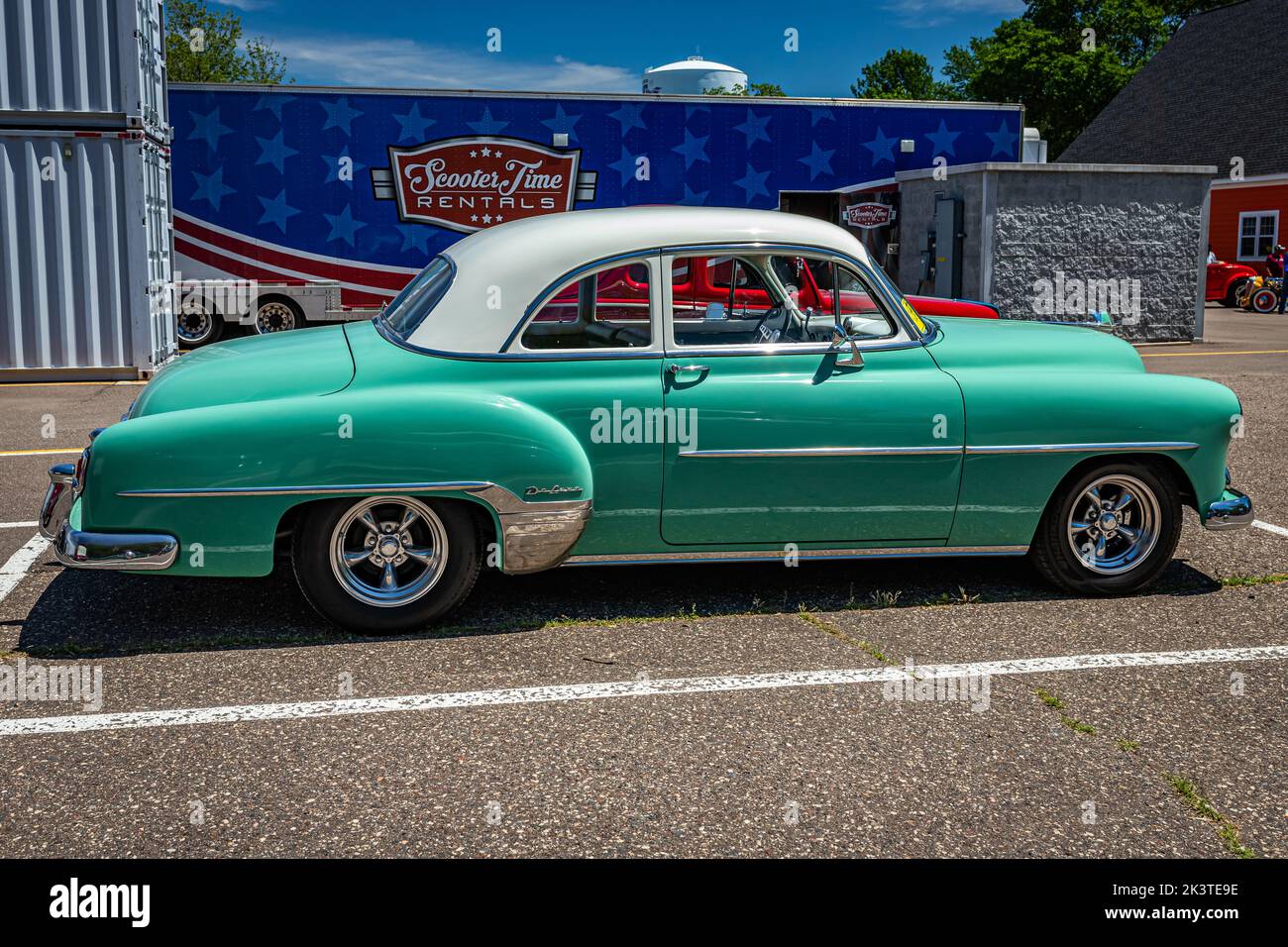 Falcon Heights, MN - June 18, 2022: High perspective side view of a 1952 Chevrolet Styleline Deluxe 2 Door Sedan at a local car show. Stock Photo