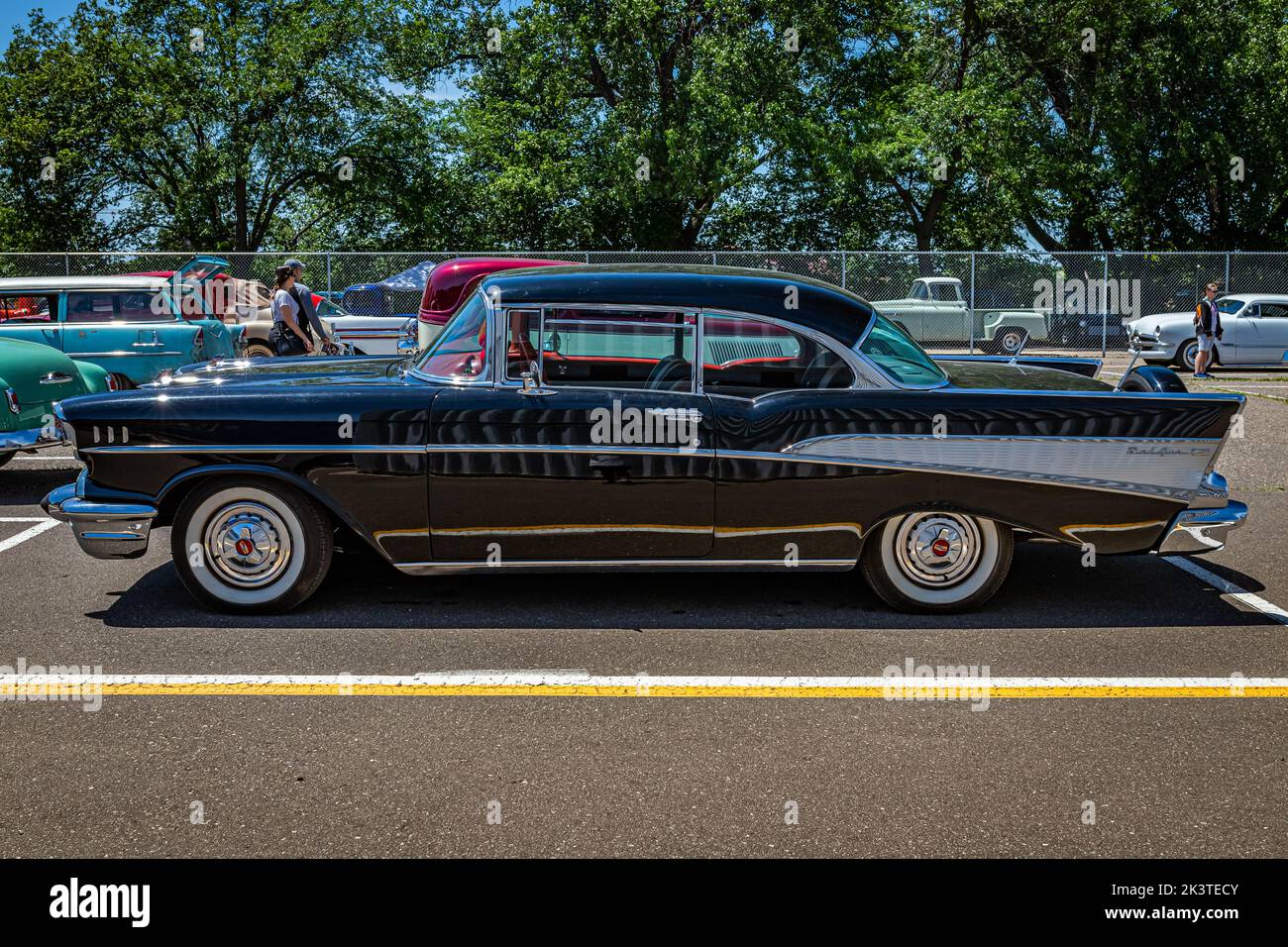 Falcon Heights, MN - June 18, 2022: High perspective side view of a 1957 Chevrolet BelAir 2 Door Hardtop at a local car show. Stock Photo