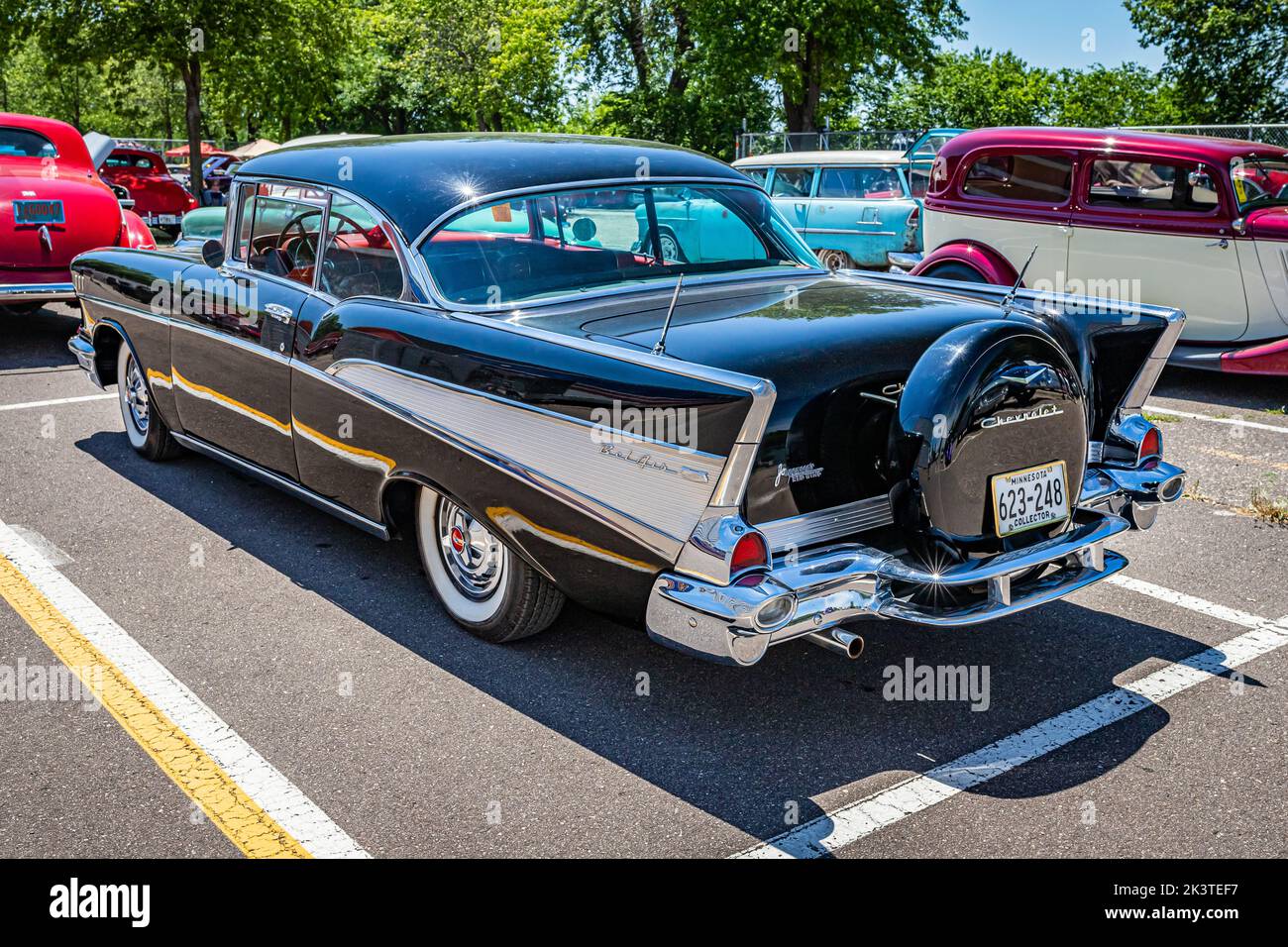 Falcon Heights, MN - June 18, 2022: High perspective rear corner view of a 1957 Chevrolet BelAir 2 Door Hardtop at a local car show. Stock Photo