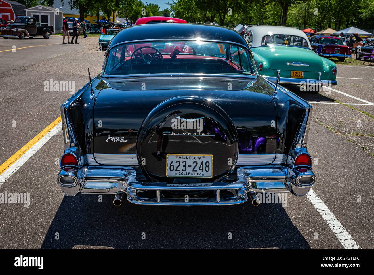 Falcon Heights, MN - June 18, 2022: High perspective rear view of a 1957 Chevrolet BelAir 2 Door Hardtop at a local car show. Stock Photo