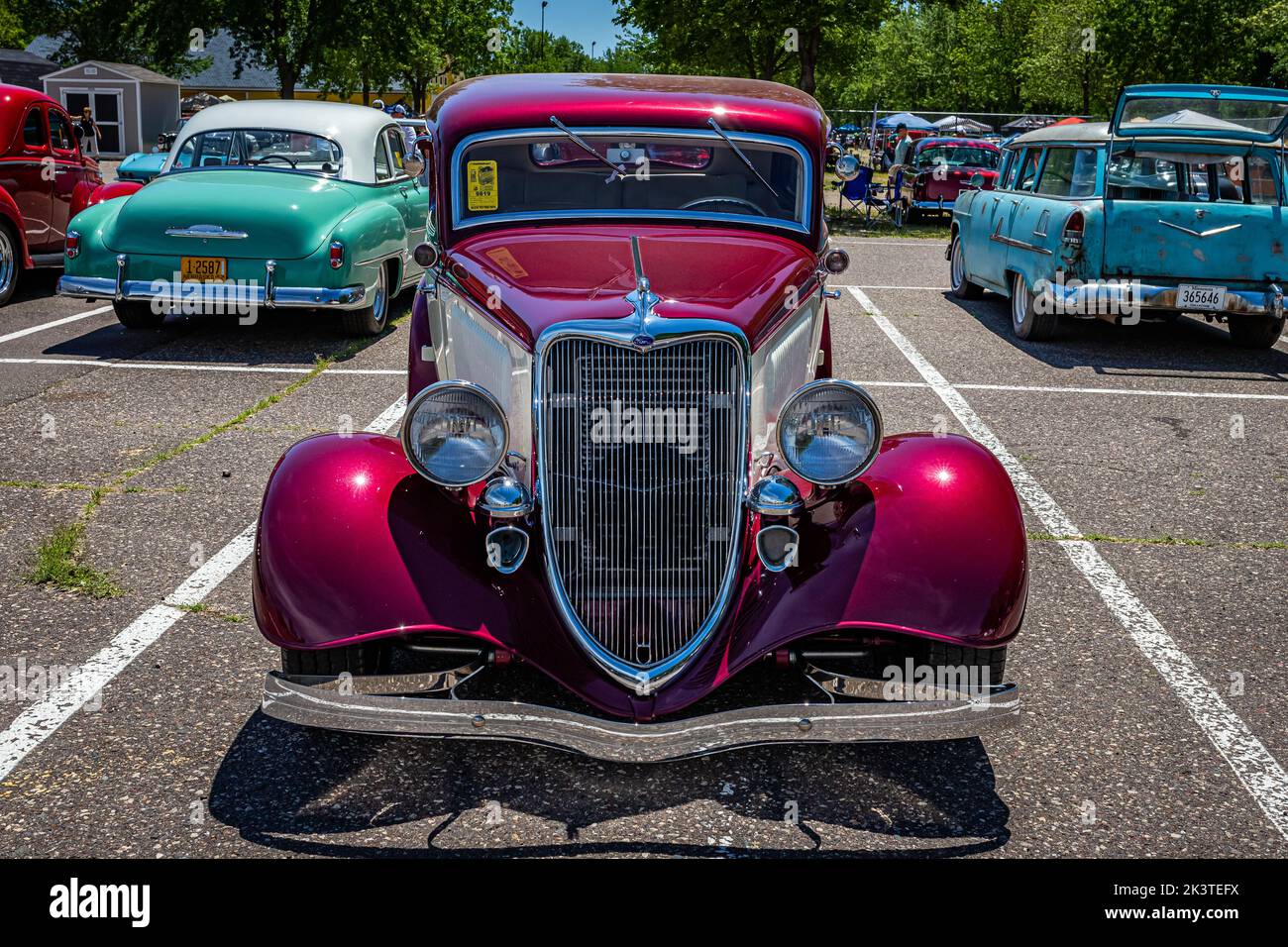 Falcon Heights, MN - June 18, 2022: High perspective front view of a 1934 Ford Model 40 Tudor Sedan at a local car show. Stock Photo