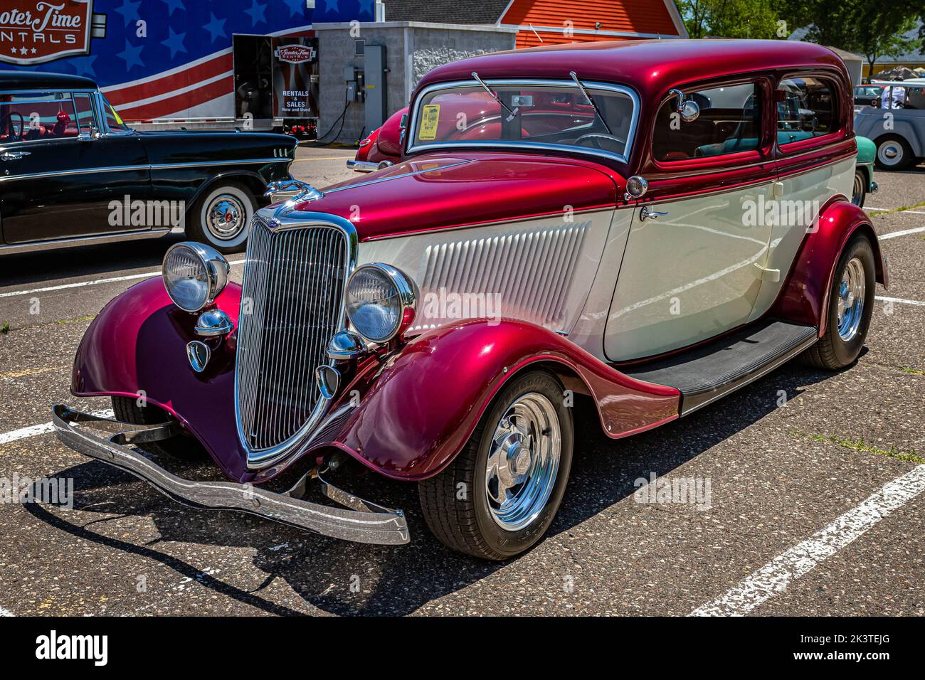Falcon Heights, MN - June 18, 2022: High perspective front corner view of a 1934 Ford Model 40 Tudor Sedan at a local car show. Stock Photo