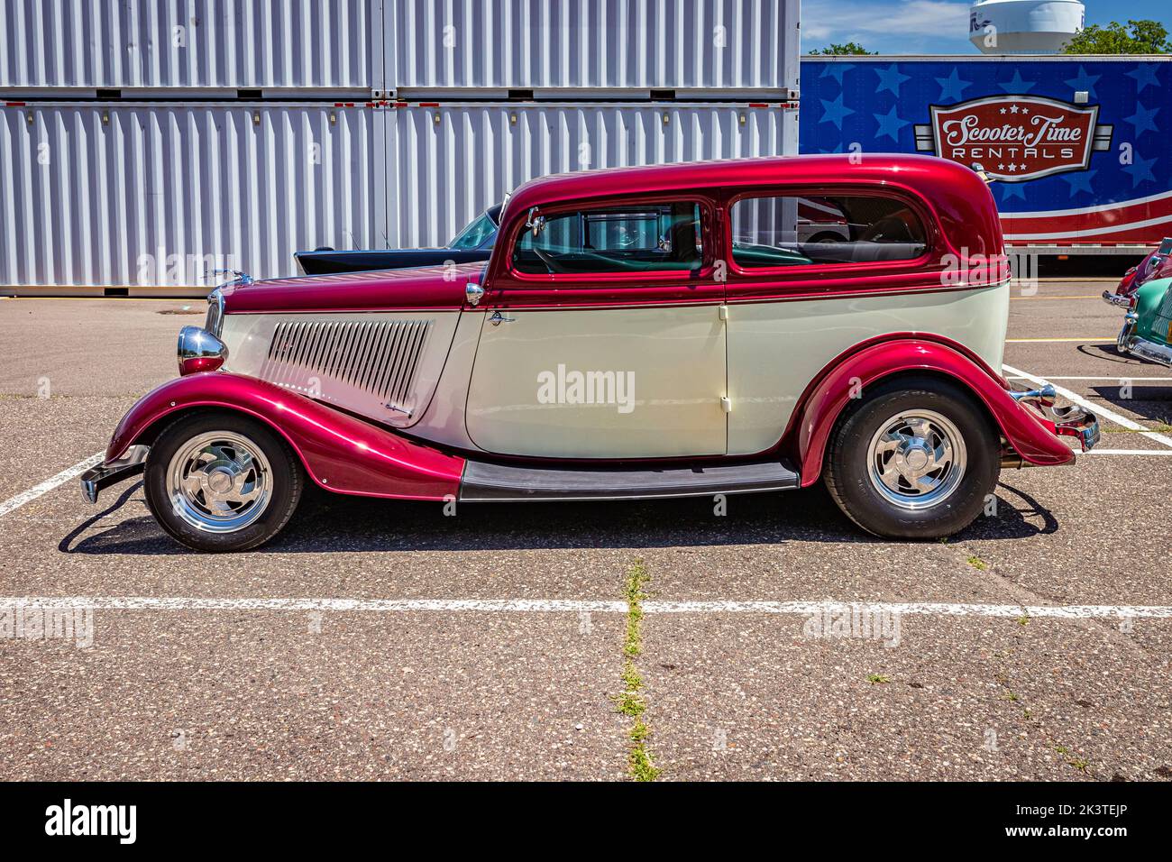 Falcon Heights, MN - June 18, 2022: High perspective side view of a 1934 Ford Model 40 Tudor Sedan at a local car show. Stock Photo