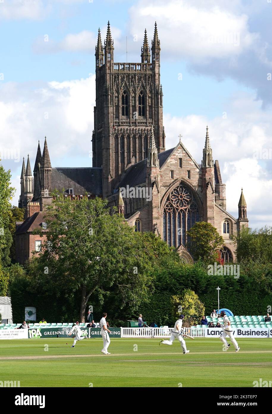 General view of the action with Worcester Cathedral in the background during day three of the LV= Insurance County Championship, Division two match at New Road, Worcester. Picture date: Wednesday September 28, 2022. Stock Photo