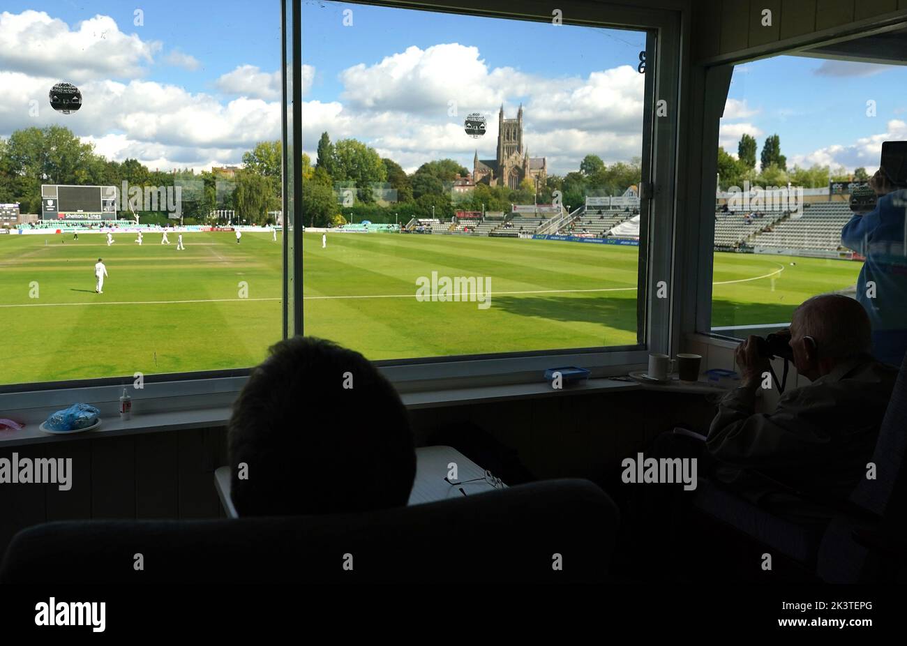 General view of play from the Ladies Pavilion with Worcester Pavilion during day three of the LV= Insurance County Championship, Division two match at New Road, Worcester. Picture date: Wednesday September 28, 2022. Stock Photo