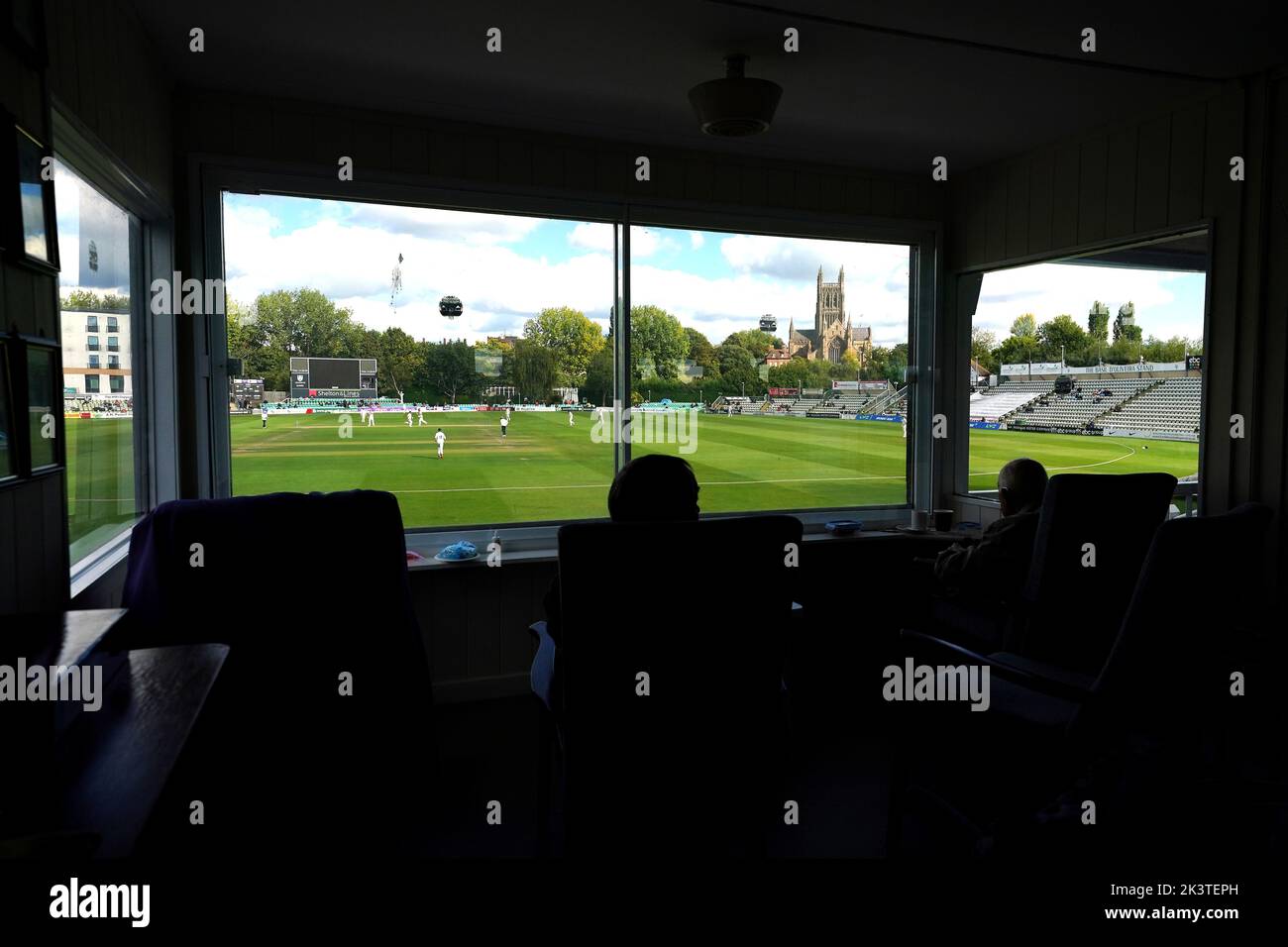 General view of play from the Ladies Pavilion with Worcester Pavilion during day three of the LV= Insurance County Championship, Division two match at New Road, Worcester. Picture date: Wednesday September 28, 2022. Stock Photo