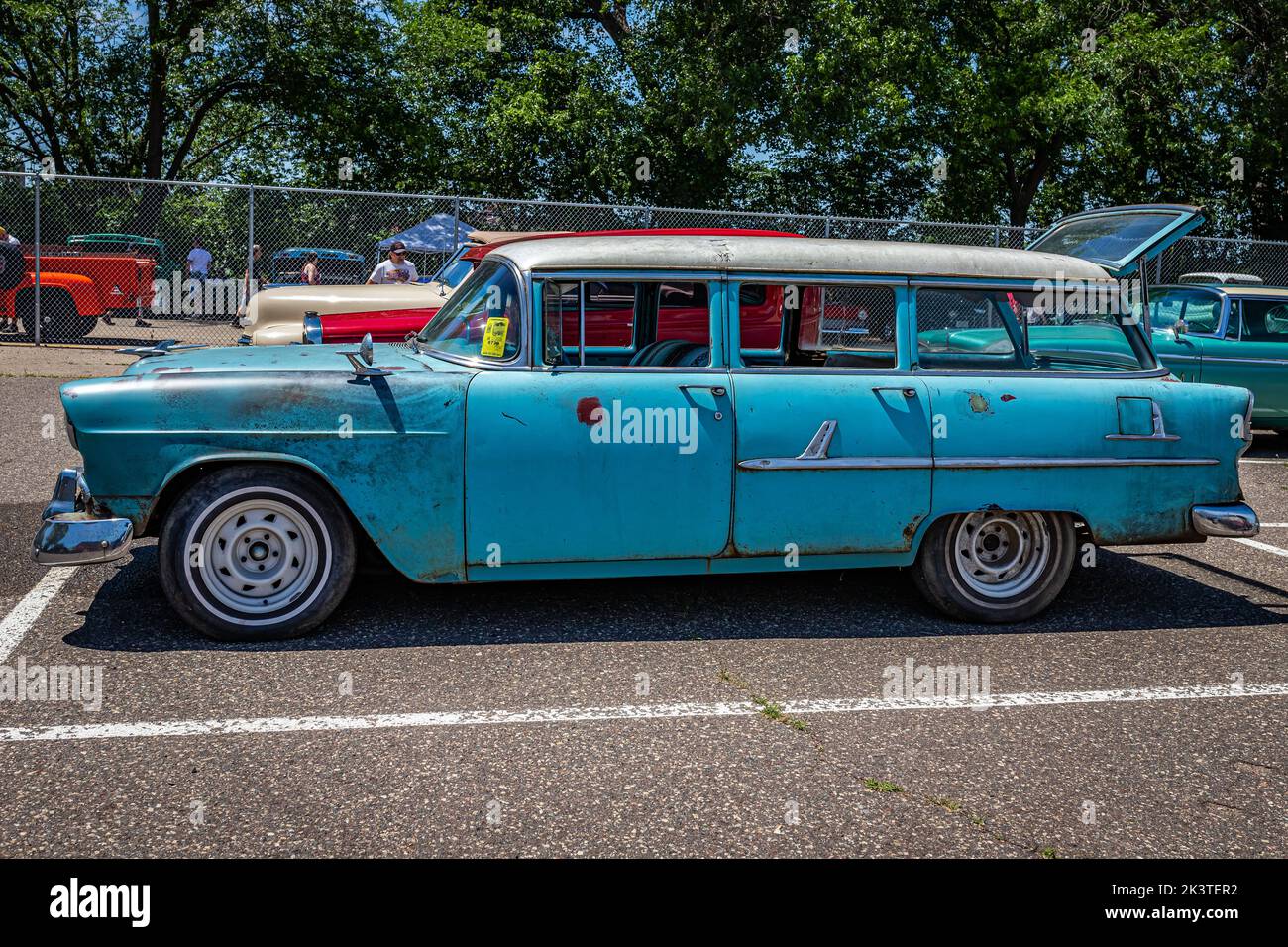 Falcon Heights, MN - June 18, 2022: High perspective side view of a 1955 Chevrolet BelAir Station Wagon at a local car show. Stock Photo