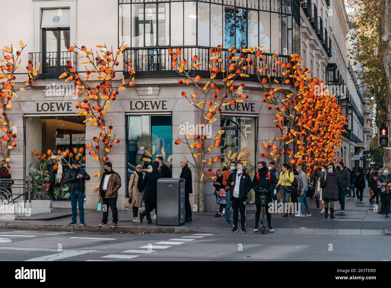 Madrid, Spain - December 12, 2021: Loewe luxury fashion store in Serrano Street in Barrio of Salamanca area in Madrid. It is a fashion house specialis Stock Photo