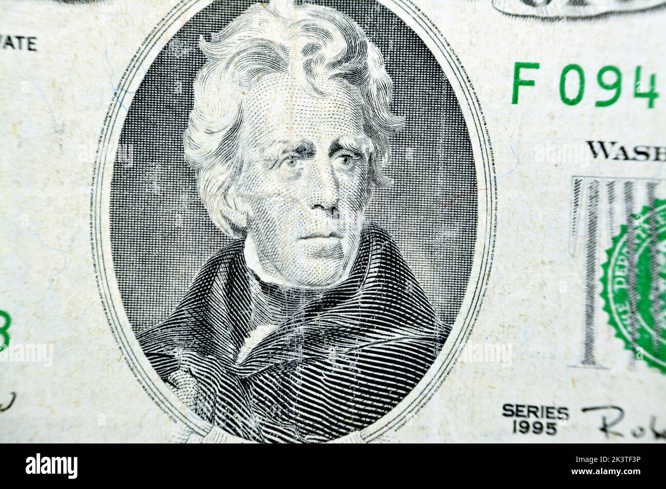 Portrait of president Andrew Jackson from the obverse side of an old 20
