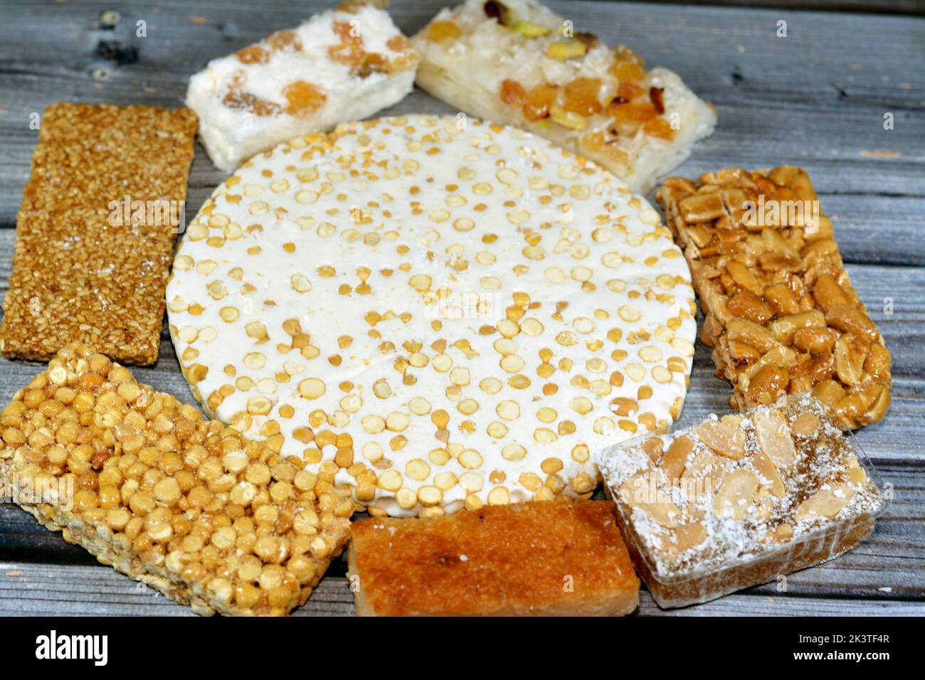 collection of Eastern candy chickpeas, peanuts, sesame taffy, coconut