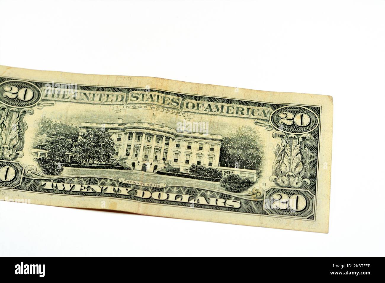 Reverse side of 20 twenty dollars bill banknote series 1995 with the photo of the white house , old American money banknote, vintage retro, United Sta Stock Photo