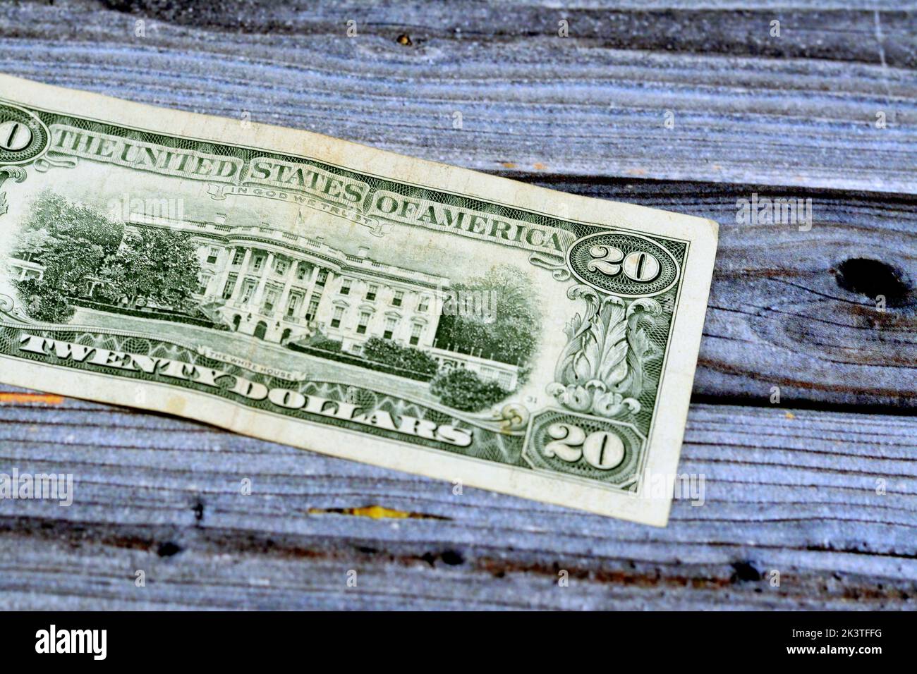 Reverse side of 20 twenty dollars bill banknote series 1995 with the photo of the white house , old American money banknote, vintage retro, United Sta Stock Photo