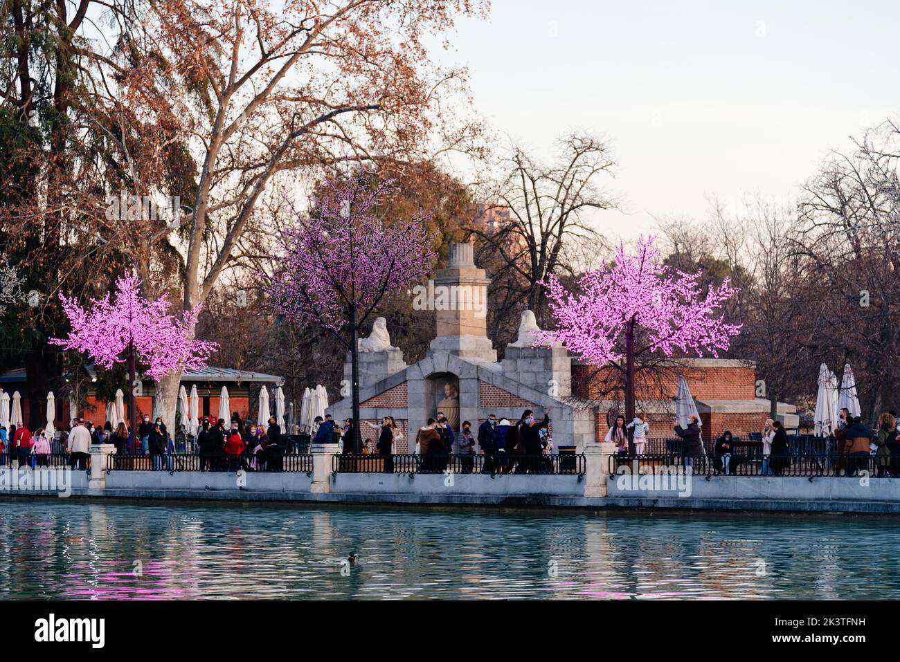 Madrid, Spain - 3 January, 2022: The Pond of Retiro Park in Central Madrid during Christmas holidays Stock Photo