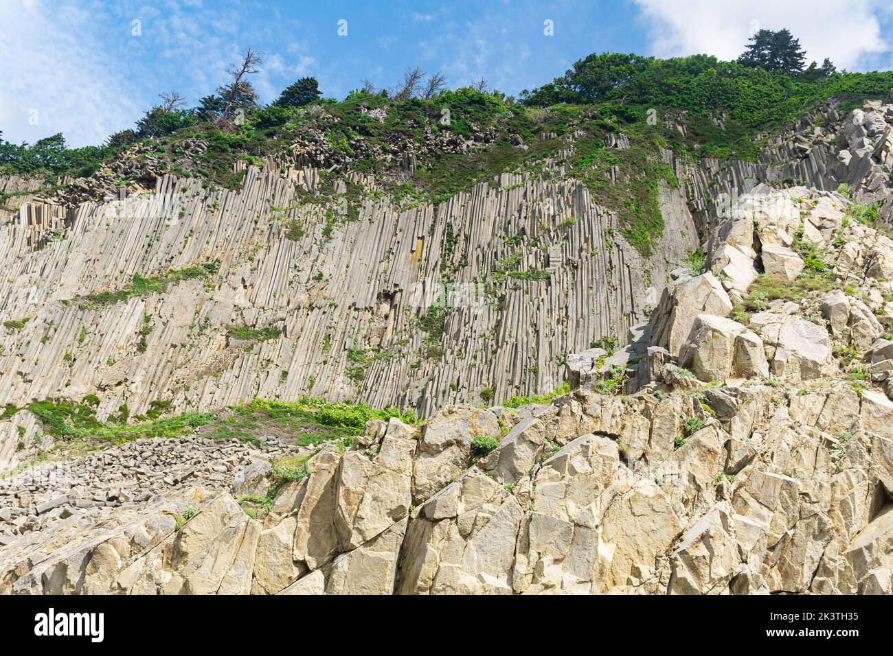 high coastal cliff formed by stone columns, Cape Stolbchaty on the island of Kunashir Stock Photo