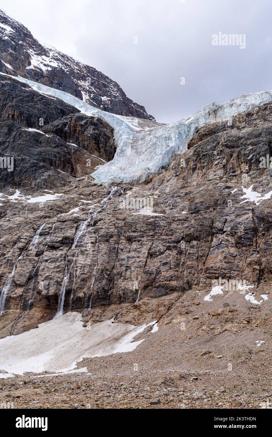 Angel Glacier and its small waterfalls at Mt. Edith Cavell in Jasper National Park Canada Stock Photo