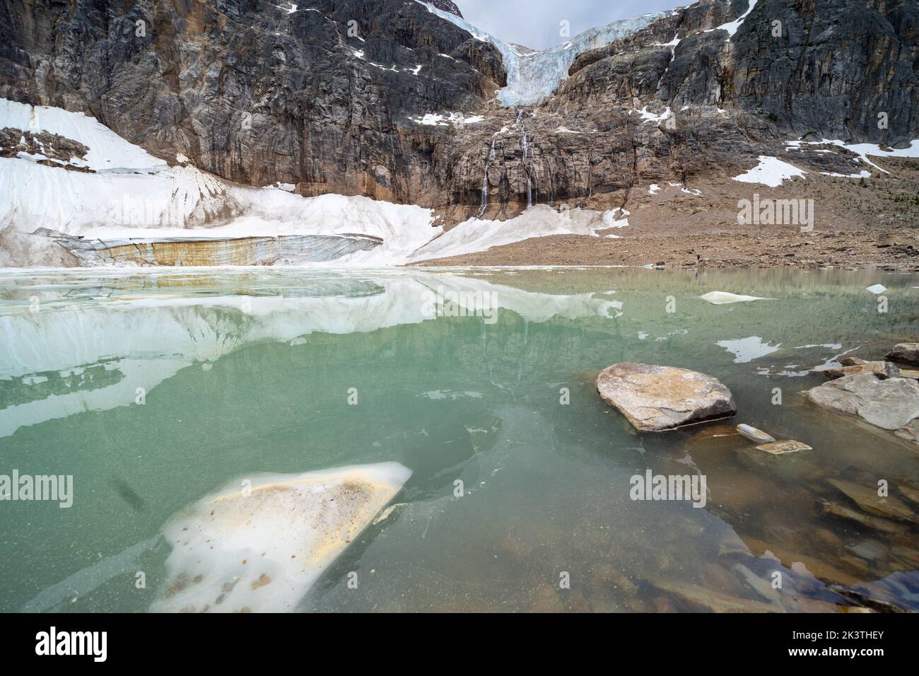 Glacial remnants and icebergs in an alpine lake at the Path of the Glacier Trail in Mount Edith Cavell in Jasper National Park in Canada Stock Photo