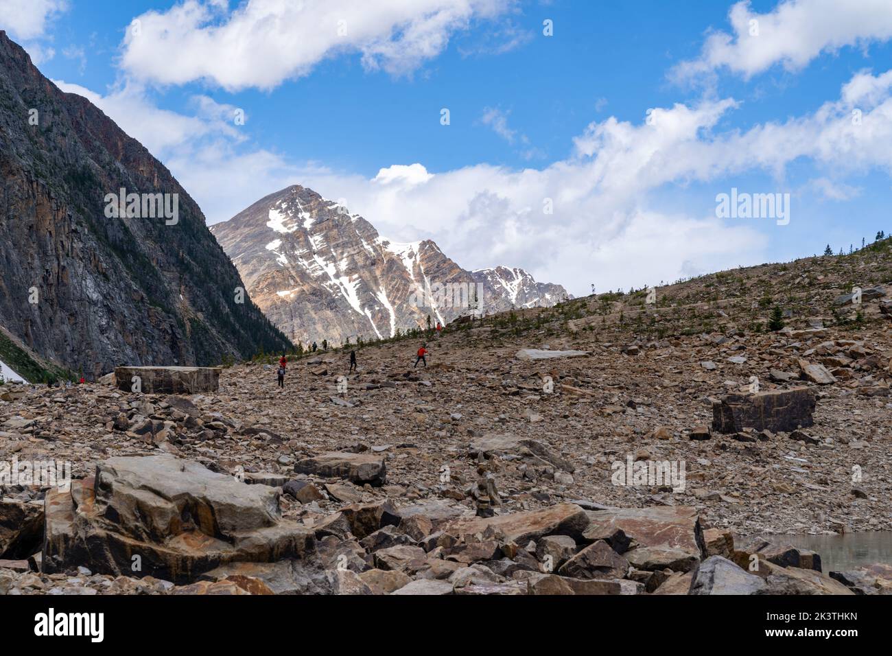 Jasper, Alberta, Canada - July 13, 2022: Hikers make their way along the Path of the Glacier trail at Mt. Edith Cavell Stock Photo