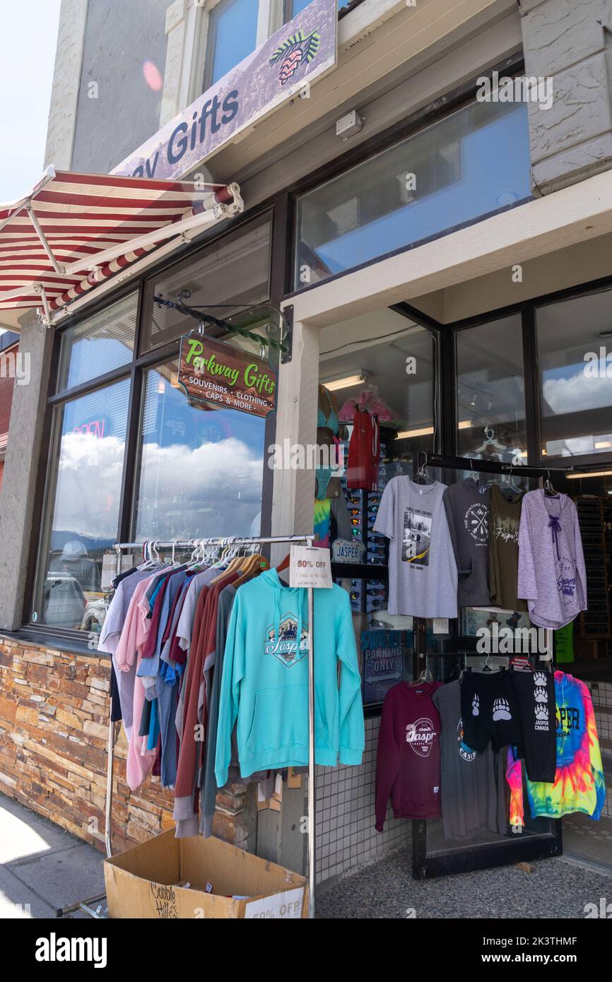 Jasper, Alberta, Canada - July 13, 2022: Clothing on display outside of the Parkway Gifts shop in Jasper National Park Stock Photo