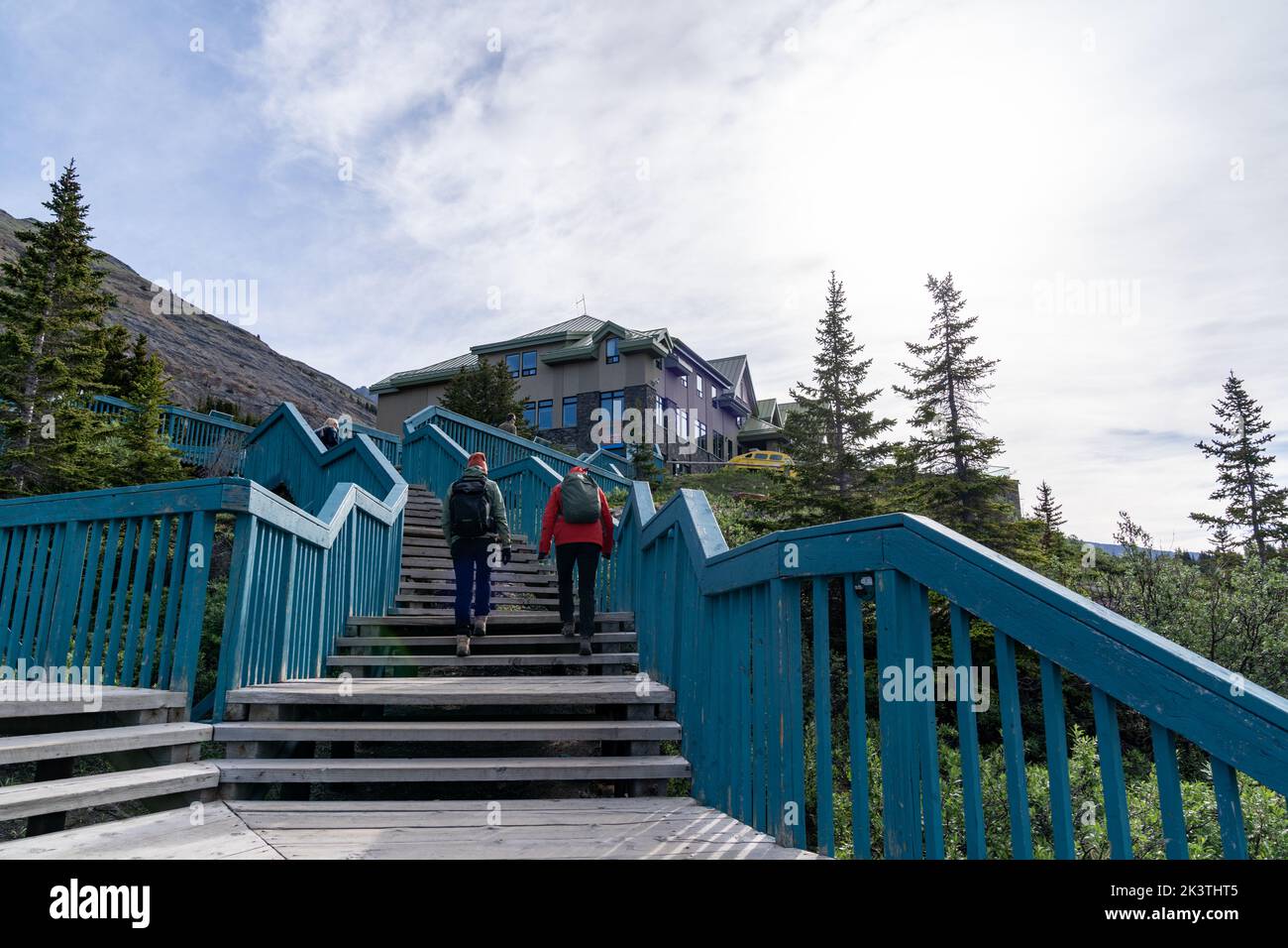 Alberta, Canada - July 14, 2022: Steps leading to the Columbia Icefield visitor center to access tours of the Athabasca Glacier Stock Photo