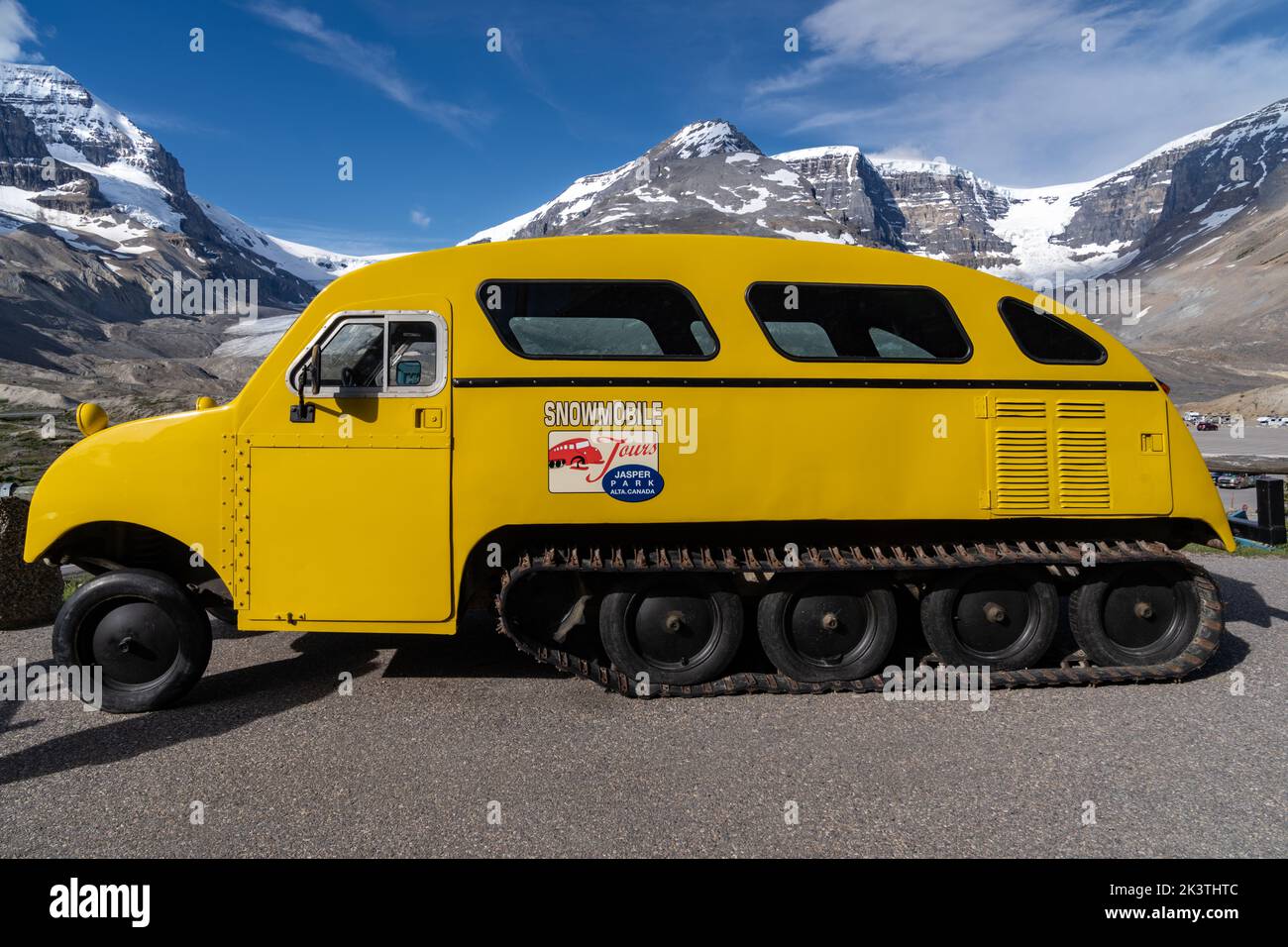 Jasper, Alberta, Canada - July 14, 2022: Snowmobile tour at the Athabasca Glacier, Jasper National Park, Alberta, Canada Stock Photo