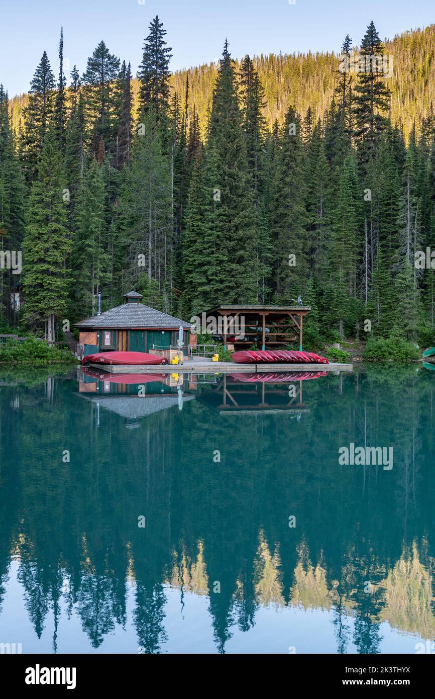 Boathouse on Emerald Lake in Yoho National Park Canada at sunrise Stock Photo